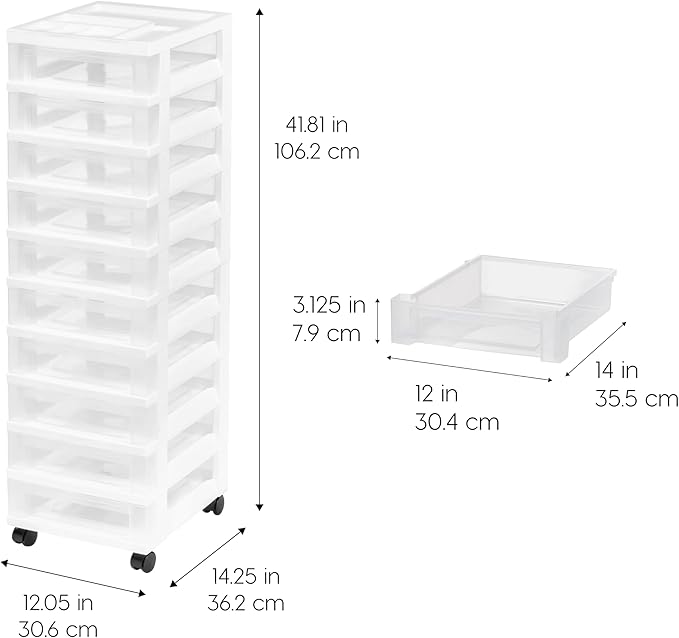 IRIS USA 10-Drawer Rolling Storage Cart, White/Clear | Keep craft supplies, office essentials, classroom items, and accessories organized with easy-access drawers for daily use - Image 3