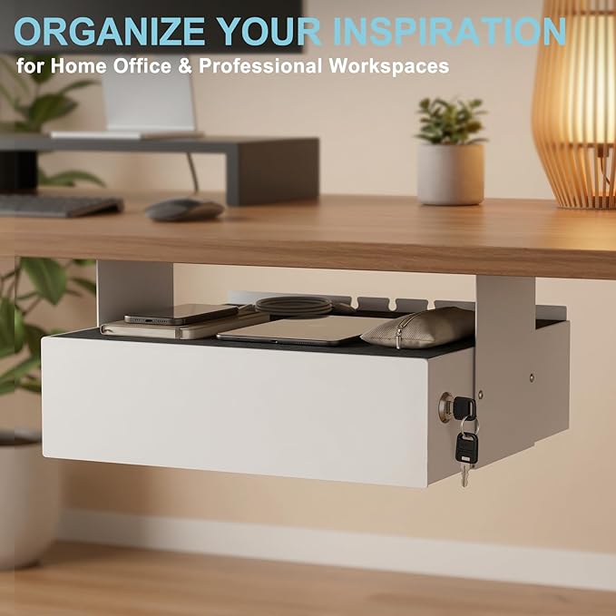 Under Desk Drawer Slide Out, Lockable Steel Drawer,13.8",White | Storage Drawer with Lock and Keys, Full-Extension Slides, Undermount Drawer for Home Office & Standing Desk - Image 3