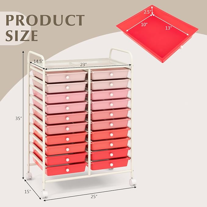 GOFLAME 20-Drawer Rolling Storage Cart, Multifunctional Art Craft Organizer, Mobile Utility Storage with Removable Drawers & Lockable Wheels, Craft Cart for Home Office School, Pink Gradient - Image 3