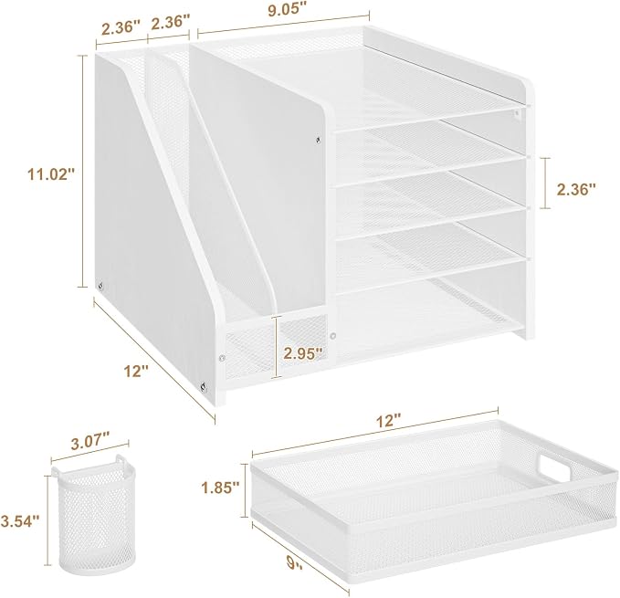 Marbrasse Desk Organizer with File Holder, 5-Tier Paper Letter Tray Organizer with Drawer and 2 Pen Holder, Mesh Desktop Organizer and Storage with Magazine Holder for Office Supplies (Wood-White) - Image 5