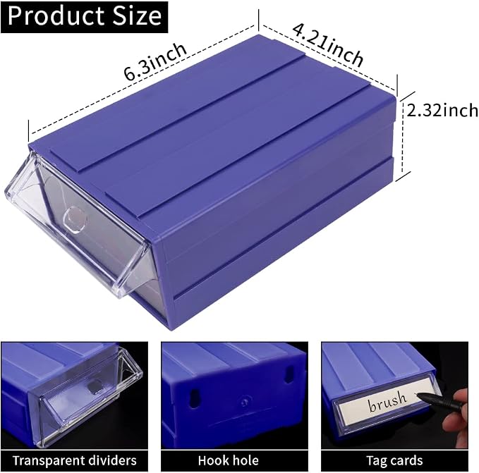 12 Pcs Drawer Stacking Storage Cabinet, Blue Plastic Drawers Storage Closet & 36 Pcs Clear Dividers Organizer Rack & 48 Pcs Tag Card & 24 Pcs Non-slip Stickers for Home Office School - Image 2