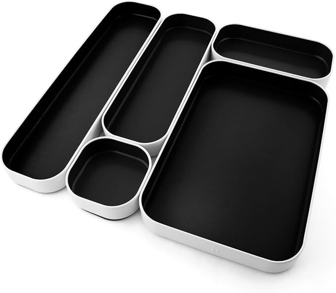 Three by Three Seattle Metal Drawer Organizer Tray Set, 5-Pc, 1" (Black) | Colorful 1" metal bins; food-safe; soft non-scratch base; kitchen, bathroom, vanity, desk & office drawers by ThreebyThreeSeattle