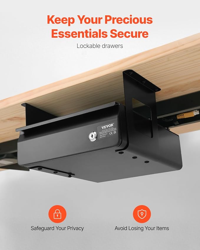 VEVOR Under Desk Lockable Slide Out Drawer, 13 inch Under Desk Pull-out Drawer for Sit Stand Workstation, Secure Under Counter Drawers for Home Office Storage Organizer, Black - Image 3