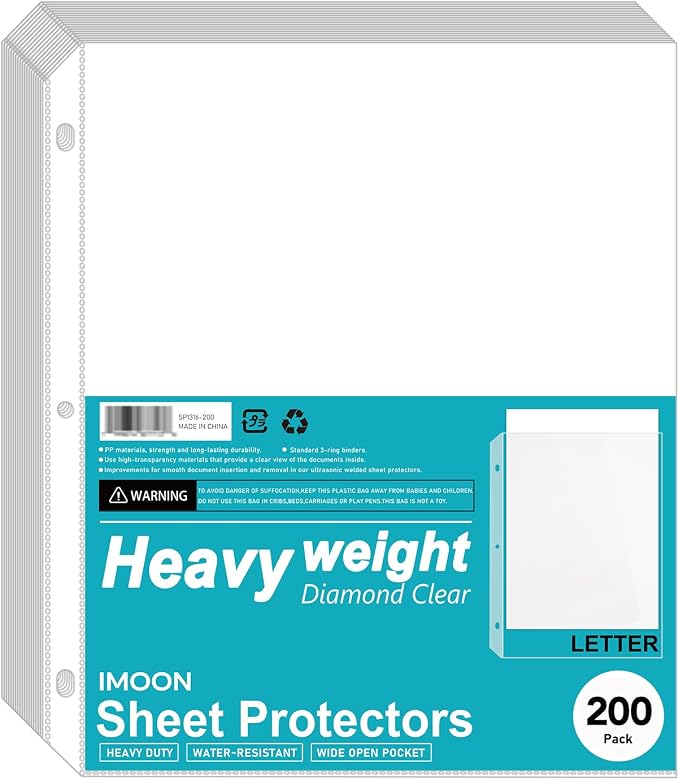 Heavyweight 3-Hole Letter Size Sheet Protectors - High Transparency Plastic Heavy Duty Sleeves for 3 Ring Binders, Archival Safe, Durable Page Protectors for Documents, 8.5x11 Inch (200 Pack) by Unknown