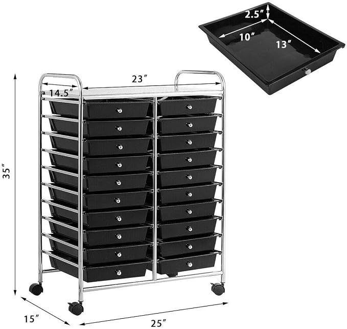 Giantex 20 Drawer Rolling Storage Cart Tools Scrapbook Paper Office School Organizer (25 x 15 x 35 Inch, Black) - Image 3