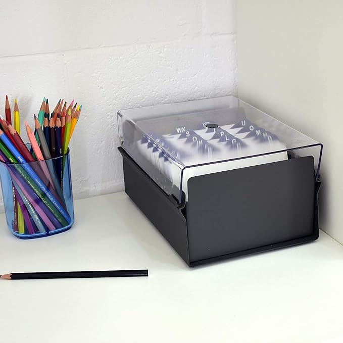 Acrimet 4 x 6 Card File Holder Organizer Box Metal Base Heavy Duty (AZ Index Cards and Divider Included) (Black Color with Clear Crystal Plastic Lid Cover) - Image 2