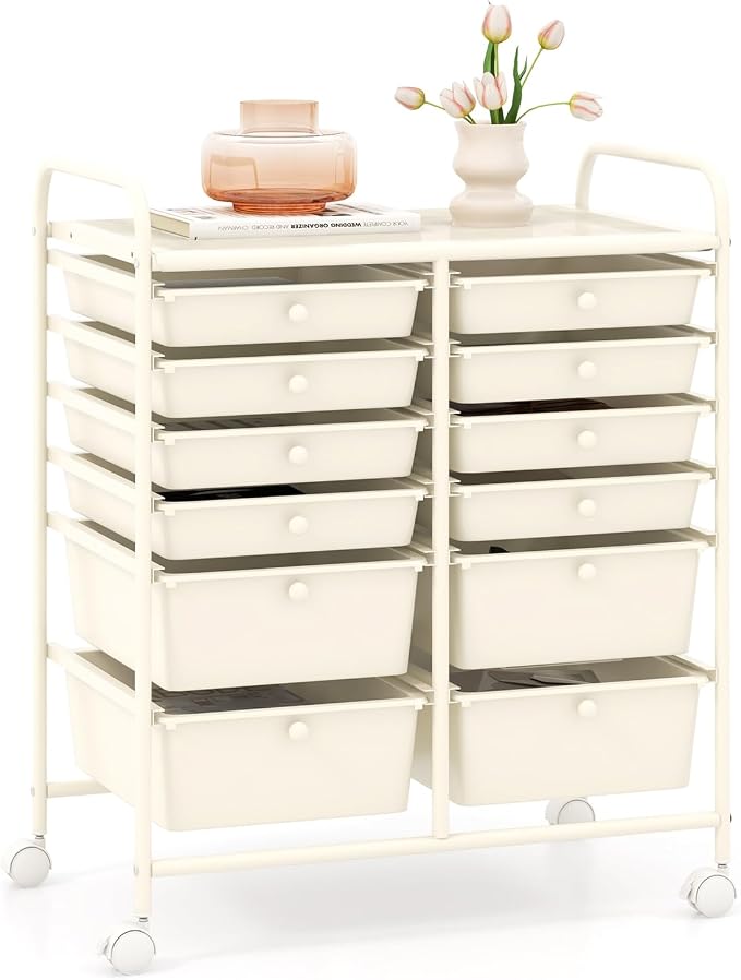 GOFLAME 12-Drawer Rolling Storage Cart, Multipurpose Organizer Cart with 2 Sizes Plastic Drawers, Mobile Utility Cart with Lockable Casters for School, Home Office, Beauty Salon, White by GOFLAME