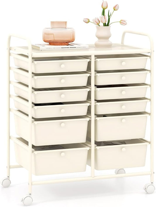 GOFLAME 12-Drawer Rolling Storage Cart, Multipurpose Organizer Cart with 2 Sizes Plastic Drawers, Mobile Utility Cart with Lockable Casters for School, Home Office, Beauty Salon, White by GOFLAME