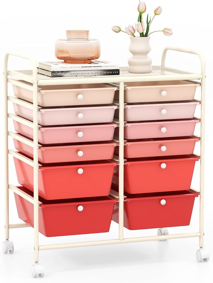 GOFLAME 12-Drawer Rolling Storage Cart, Multipurpose Organizer Cart with 2 Sizes Plastic Drawers, Mobile Utility Cart with Lockable Casters for School, Home Office, Beauty Salon, Gradient Pink by GOFLAME