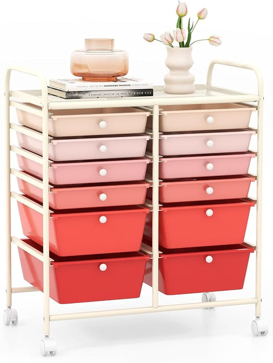 GOFLAME 12-Drawer Rolling Storage Cart, Multipurpose Organizer Cart with 2 Sizes Plastic Drawers, Mobile Utility Cart with Lockable Casters for School, Home Office, Beauty Salon, Gradient Pink by GOFLAME