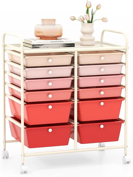 GOFLAME 12-Drawer Rolling Storage Cart, Multipurpose Organizer Cart with 2 Sizes Plastic Drawers, Mobile Utility Cart with Lockable Casters for School, Home Office, Beauty Salon, Gradient Pink