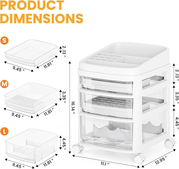 Rolling Cart with 3 Drawers, Clear Plastic Drawer Organizers, Vanity Cart | Dust Proof Under Desk Storage with Dividers for Makeup, Skincare, Art Crafts and Baby Items, Acrylic Cosmetic Organizer - Image 3