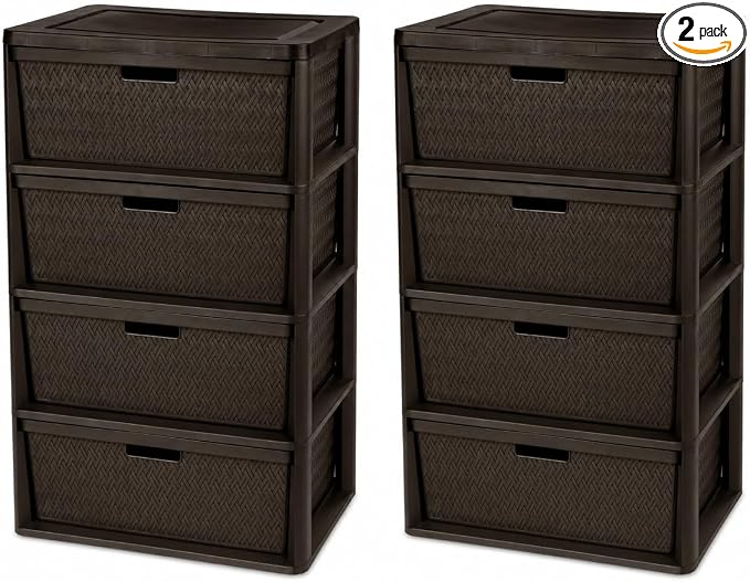 2Pack,4-Drawer Storage Tower, Wide Plastic Organizer with Removable Bins | Decorative Weave Design, Tool-Free Assembly, Removable Bins, Carry Handles, Drawer Stops, BPA-Free,Brown by Unknown