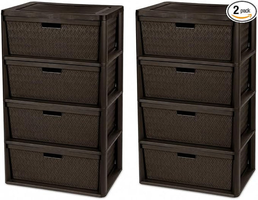 2Pack,4-Drawer Storage Tower, Wide Plastic Organizer with Removable Bins | Decorative Weave Design, Tool-Free Assembly, Removable Bins, Carry Handles, Drawer Stops, BPA-Free,Brown by Unknown