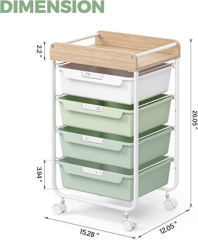 Utility Cart with 4 Drawers, Art Cart for Teacher Kid, Green | Rolling Storage Cart for Crafters Artists Student Storage Arts Crafts & Study Supplies in Craft Room Dorm Classroom Kids Room - Image 2