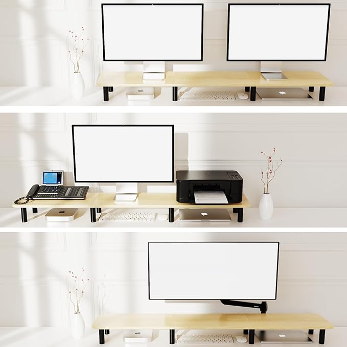 Large Extra Long Monitor Stand Riser 43.7in,Dual Monitor Riser, Wide TV Stand for 2 Monitors, Wood & Steel Leg Adjustable Height Desktop Riser, Home Office Organization. (Natural) - Image 3