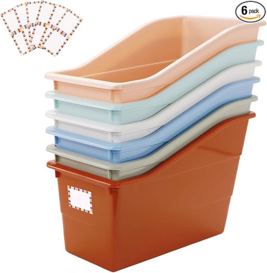 6 Pack Plastic Book Bins Magazine Holders, Pastel | Durable Plastic Binder Holders & Vertical Desktop Storage Baskets Organizers for Home, Office, Study Room & Stationery by SKYJORMY