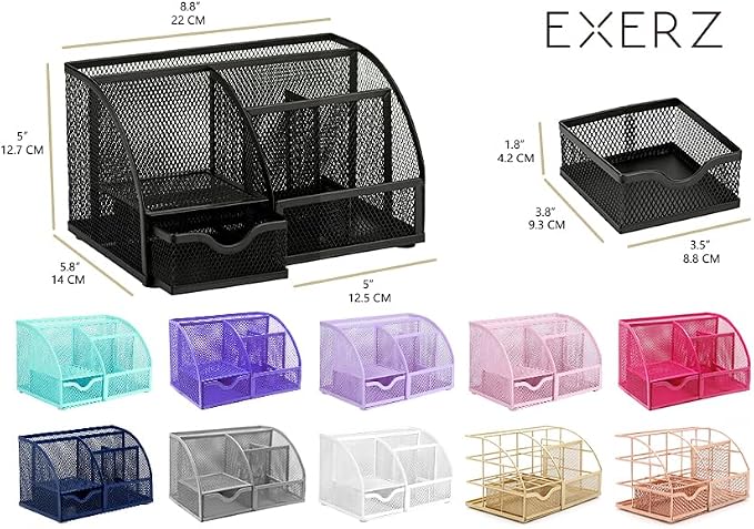 Exerz Metal Mesh Desk Organizer 7 Compartments with Drawer Light Purple | Compact Stationery Caddy with Multi Size Sections for Neat Study Work and Home Storage Needs - Image 8