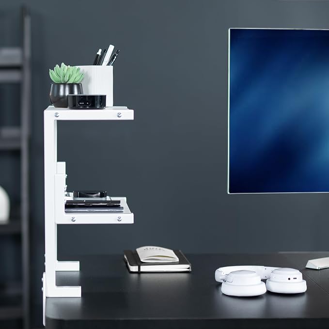 VIVO White Clamp-on 13 inch 2-Tier Desk Shelf, STAND-SHELF2CW | Above or Below Desk, 2 Level Shelving Unit for Table Accessories, Gaming Devices, and More, Storage Tray, Desktop Organizer - Image 8