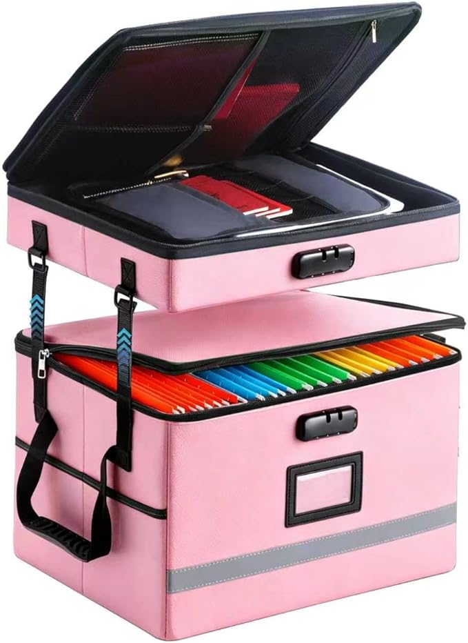 EXLIFBAG 2 Layer File Box with Lock, Portable Document Organizer Box with Handle, Fireproof File Box for Home Office, Legal File Organizer Storage by EXLIFBAG