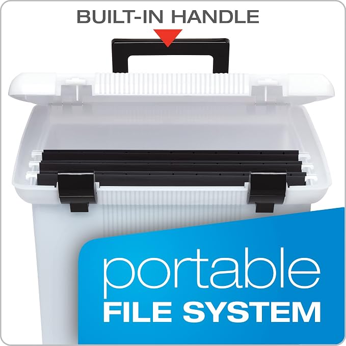 Pendaflex Portable File Box, Frosted White, Hinged Lid with Double Latch Closure, 3 Black Letter Size Hanging Folders Included & Recycled Hanging Folders, Letter Size, Black, 1/5 Cut, 25/BX - Image 3