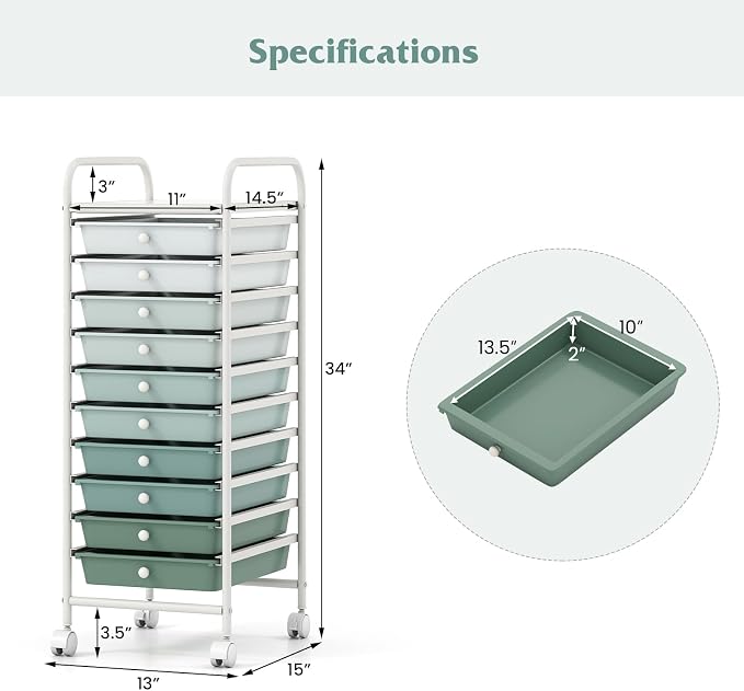 Storage Cart, Rolling Utility Cart with 10 Drawers, Portable Handles & Lockable Wheels, Mobile Paper Toys Storage Organizer Large Capacity for Home Office School Teacher (Gradient Green) - Image 3