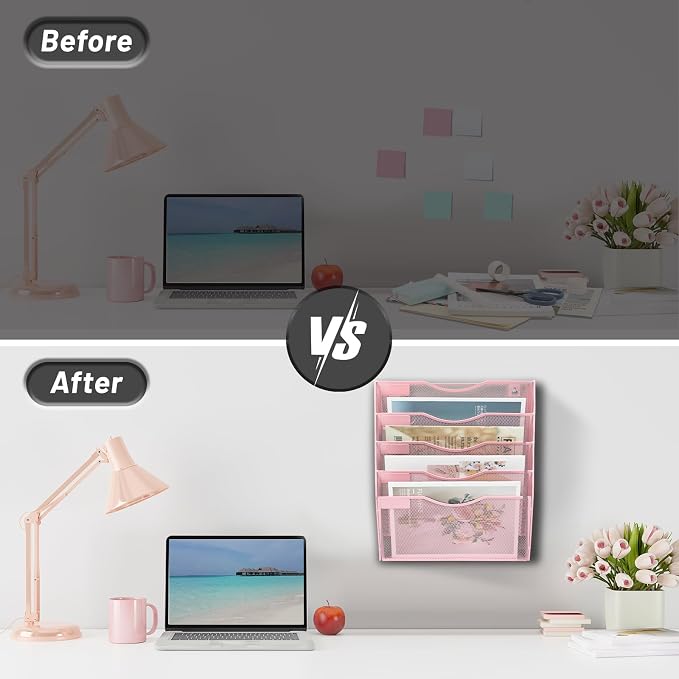 5 Pocket Mesh Hanging Wall File Organizer, Wall Mounted Mail Paper Document Folder Holder, Clipboard Storage Organization Magazine Rack with Nametag Label for Office Home School, Pink - Image 3