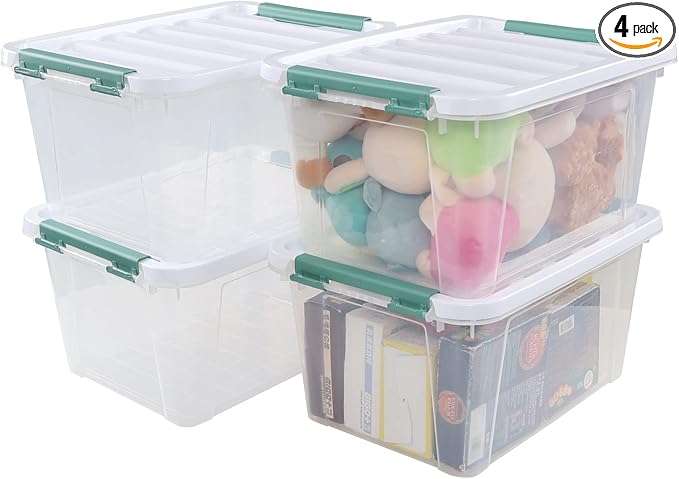 Latching Storage Bins with Lids, 20 Qt Stackable Box, 4-Pack | Clear Heavy-Duty Plastic Containers with Secure Snap Locks for Closet, Bathroom, Office Organizing by Parlynies