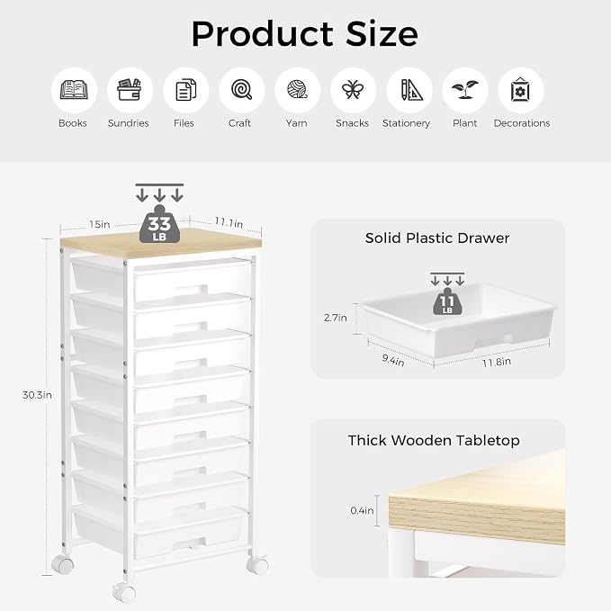 Rolling Cart with 8 Drawers, Plastic Drawer Storage Carts with Wheels & Wooden Tabletop, Metal Utility Cart Organizer for Bedroom Living Room Office Classroom Craft Organization and Storage, White - Image 2