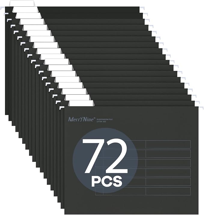 MerryNine Hanging File Folders Letter Size with 1/5-Cut Tabs | 72 Pack, Black, Folders Organizer, for Office School Home, for Bulky Files, Filing Cabinets by MerryNine
