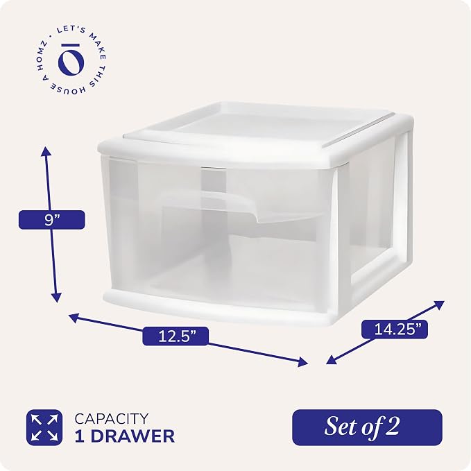 HOMZ 1 Drawer Storage Cart, Medium Plastic Container, White Frame, 2 Pack | 14.25" Wide Medium Tote with 1 Clear Drawer for Organizing Bathrooms, Bedrooms, Home Offices, Closets, and Dorm Rooms - Image 3