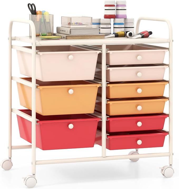 Giantex 9 Drawers Rolling Cart, Classroom Organizers, Storage Cart with Wheels, for Teacher Office Home School Supplies Tool Craft Art Paper, Macaron Multicolor by Giantex