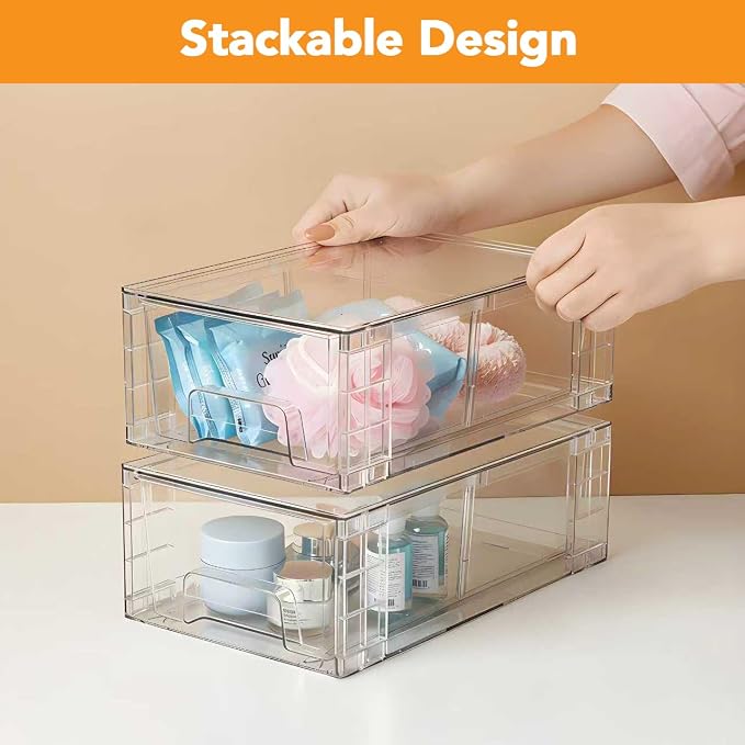 6 Pack Stackable Storage Drawers,Plastic Organizers Bins, Drawers Storage with Handles and Movable Dividers for Organization and Storage in Fridge,Bathroom, Pantry, Kitchen Cabinets, Under Sink - Image 8