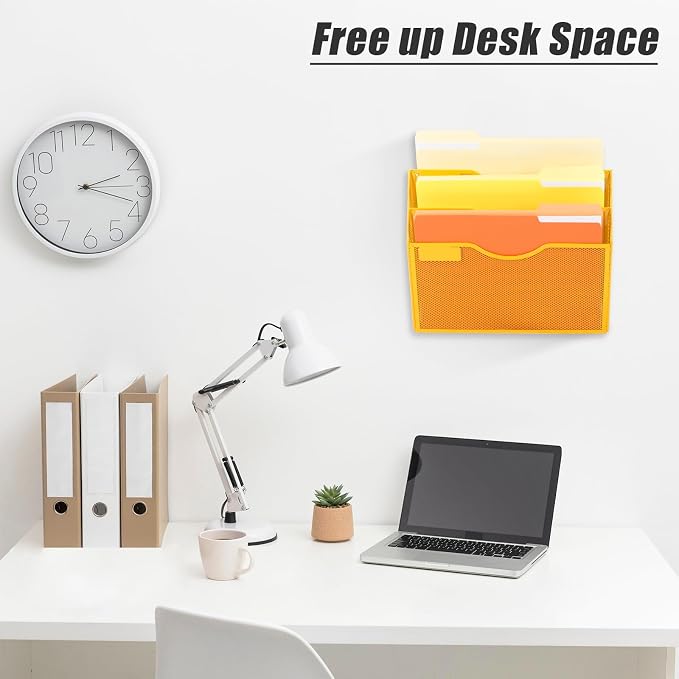 3 Pocket Mesh Hanging Wall File Organizer, Wall Mounted Mail Paper Document Folder Holder, Clipboard Storage Organization Magazine Rack with Nametag Label for Office Home School, Yellow - Image 3