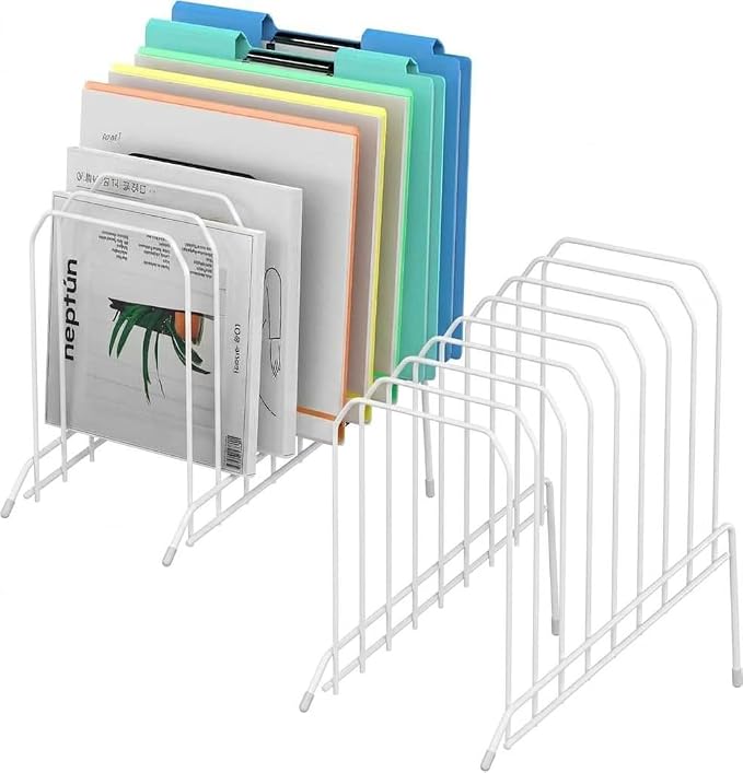 Incline Sorter Desk File Organizer, Metal Desk Magazine Folder Holder with 8-Section Vertical Compartments Rack File Organizer for Office, Home, School (2, White) by MINDEPOT