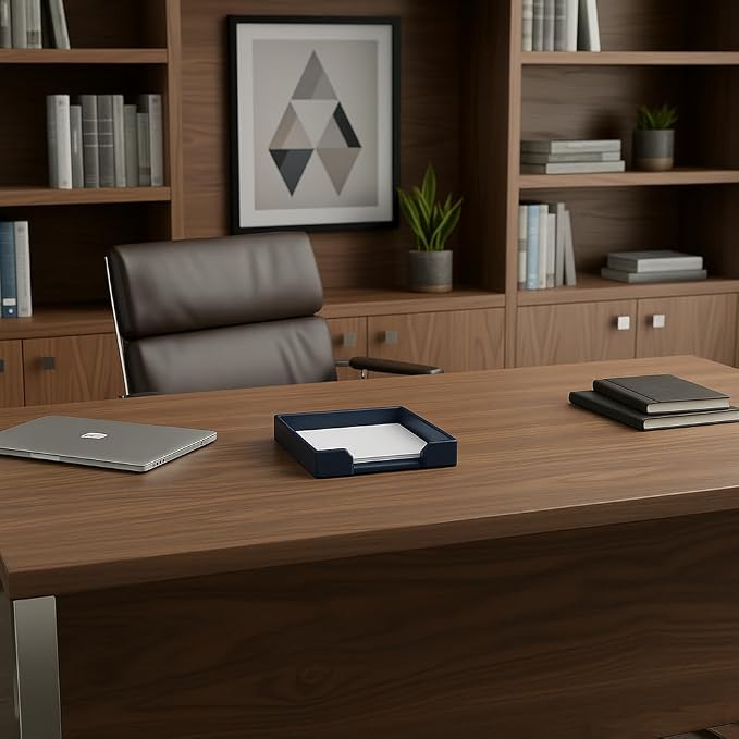 Dacasso Navy Blue Bonded Leather Luxury Letter Tray Holder & Paper Organizer for Desk - Executive Desk Decor & Office Organization Essential - Image 3