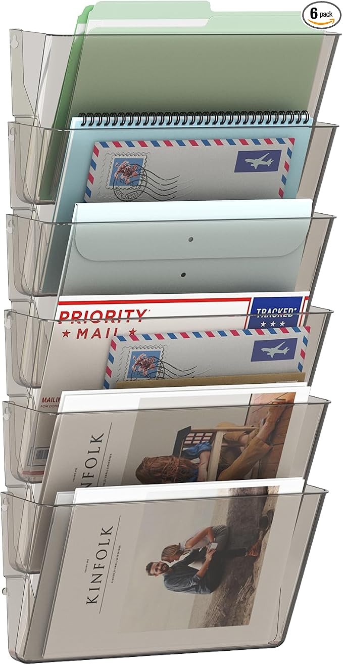 MINDEPOT 6 Pockets Acrylic Wall File Organizer, Clear Wall File Holder, Plastic Hanging Wall File Holder for Office, School and Home, Smoky by MINDEPOT