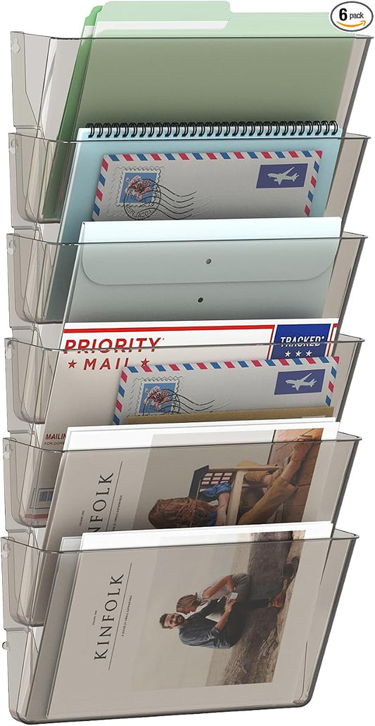 MINDEPOT 6 Pockets Acrylic Wall File Organizer, Clear Wall File Holder, Plastic Hanging Wall File Holder for Office, School and Home, Smoky by MINDEPOT