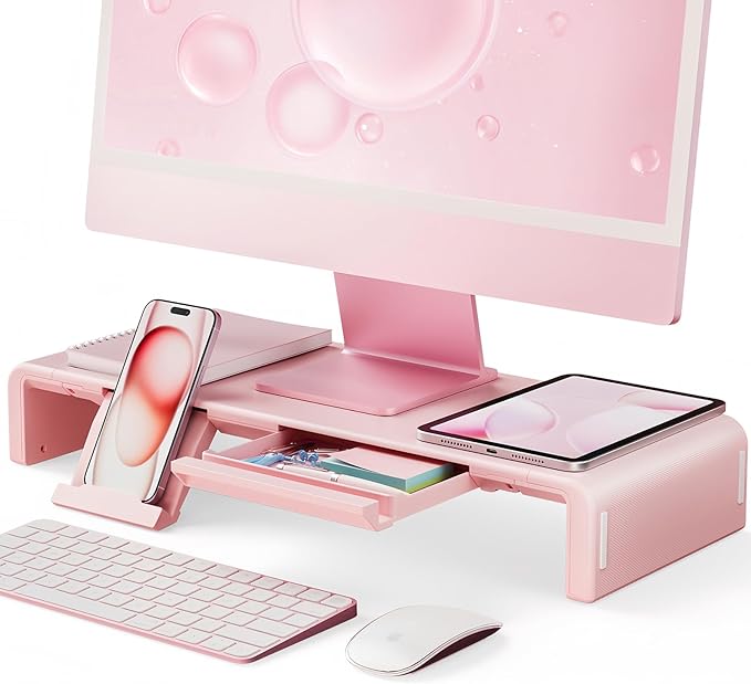 Pink Monitor Stand Riser, Klearlook Foldable, Height Adjustable Computer Stand, Desk Shelf Riser with Storage Drawer &Tablet Phone Stand for Desktop, Laptop by KlearlookMaximizedClarity