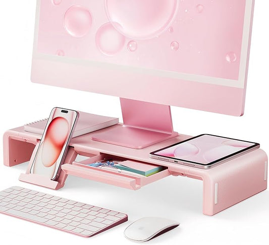 Pink Monitor Stand Riser, Klearlook Foldable, Height Adjustable Computer Stand, Desk Shelf Riser with Storage Drawer &Tablet Phone Stand for Desktop, Laptop by KlearlookMaximizedClarity