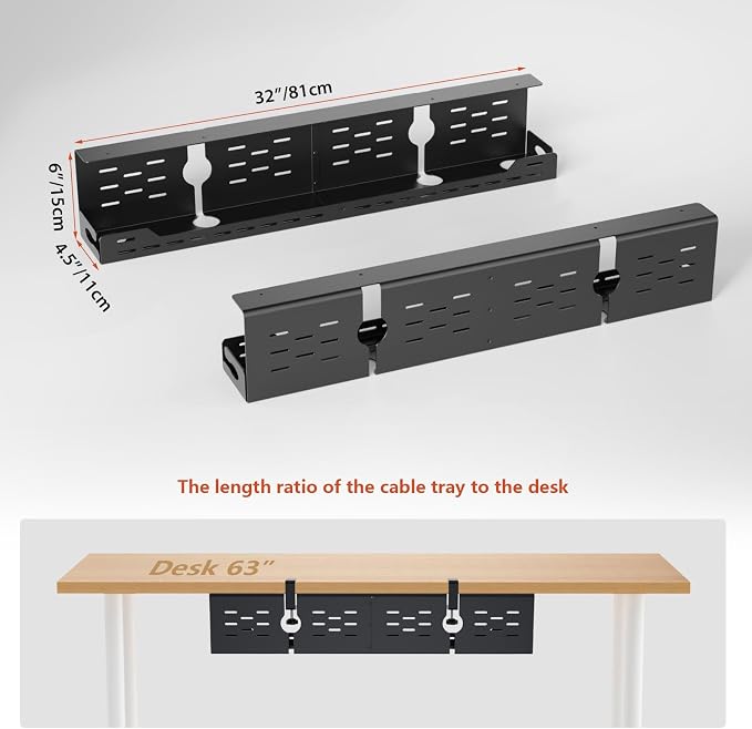Univivi Under Desk Cable Management Tray, Cable Management, 32 inch, Black | Durable Steel Material, Under Desk Cable Tray with No-Drill C-Clamp and Screw Mount, Wire Management for Office/Home - Image 5
