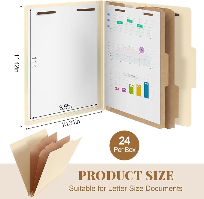 AmazingSpark 24 Pcs Classification Folders Letter Size Bulk 2 Divider Pressboard File Folder with Expansion 2 Prongs Fastener Heavy Duty Office File Organizer for School Project Document(Beige) - Image 2