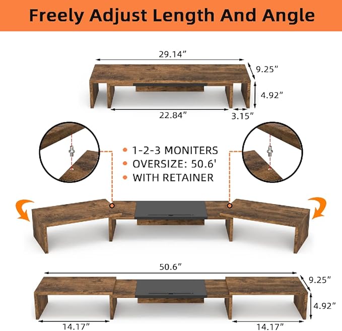 WESTREE Triple Dual Monitor Stand Riser, Extra Long Monitor Stand for 1~2~3 Monitors, Monitor Stand with Length and Angle Adjustable, 3 Shelf Desktop Storage Riser for Monitor Computer Screen Laptop - Image 6