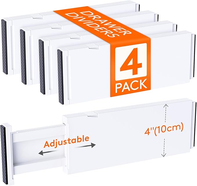 Lifewit 4" High Upgrade Drawer Divider, Adjustable Drawer Organizer Clothes | 4 Pack 11"-17" Expandable White Plastic Drawer Separator for Dresser, Kitchen, Closet, Nursery, Office Organization & Storage by Lifewit