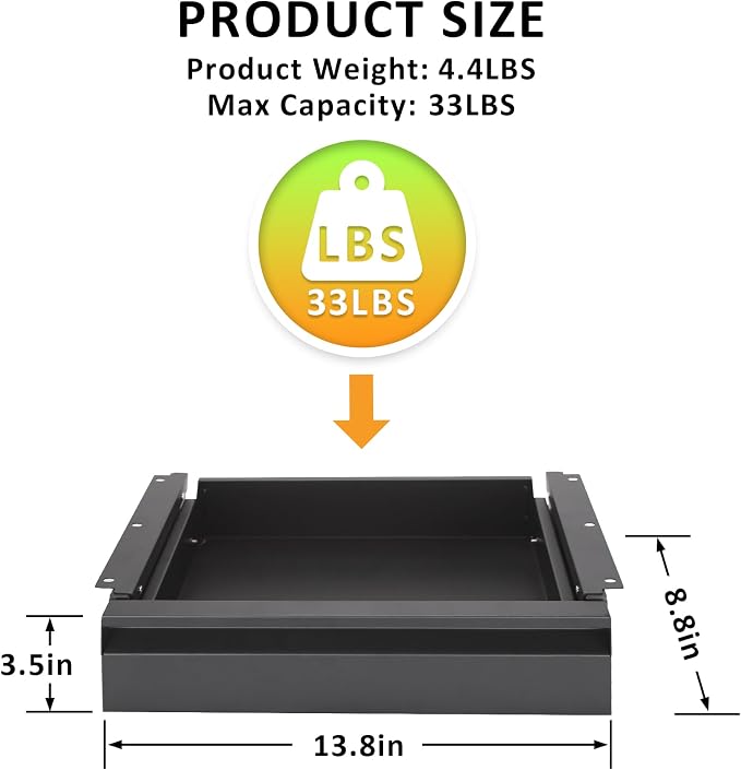 POPMOON 13.8 inch Under Desk Drawer, Steel Pull-Out Storage Organizer | Under Table Drawer with Smooth Slide Rails, Carbon Steel Undermount Drawer, Black Powder Coated, Hold 33 Lbs - Image 2