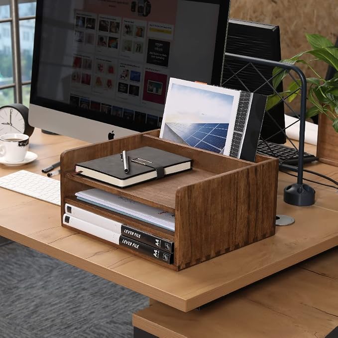 DDYURI Desk Organizer for File Folder Storage with 3 Paper Letter Tray &1 Vertical Compartment- Wood Office Desktop Document Organizer Rack - Filing Folder Mail Sorter Desk accessories Dark WJJ3K-DK - Image 2