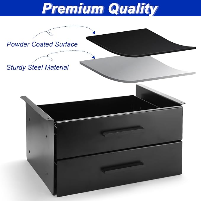 16'' Under Desk Drawer Slide-out Steel Under Counter Drawers Storage Organizer Large Hidden Pull-out Tray for Table Desks Home Office Workstation(Black,2 Layer) - Image 4