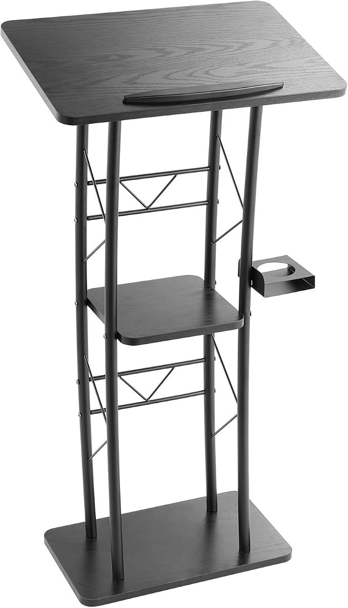 VEVOR Podium Stand, 47-Inch Metal Lectern, Curved Standing Podium with Wide Reading Surface, Open Storage Compartment, Book Stopper, Cup Holder, for Classroom, Wedding, Conference, Speech, and Concert by VEVOR