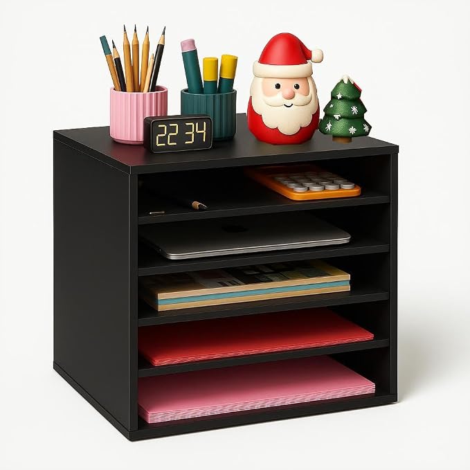 EMERIT 4-Tier Adjustable Paper Organizer, Large Capacity Book Shelf for Textbooks/Magazines/Office Files, Wooden Dividers, 7 lbs per Shelf, Black by eMeritDirect