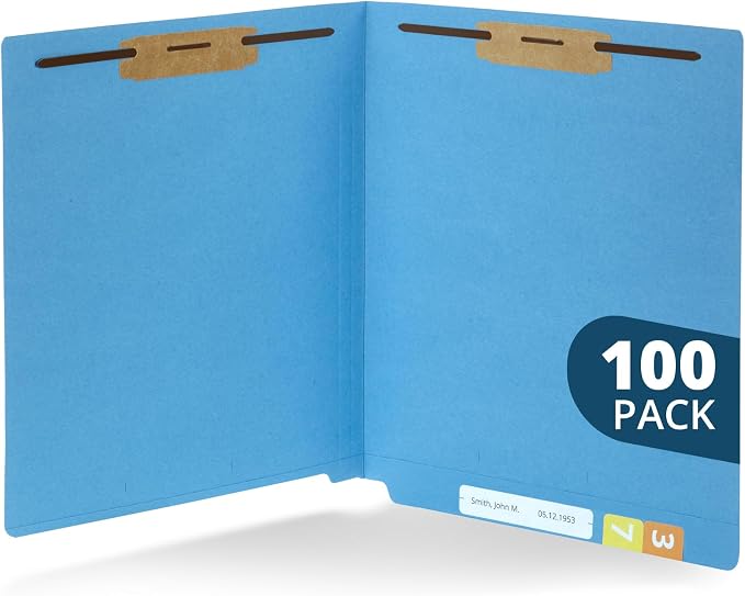 Blue Summit Supplies 100 End Tab Fastener File Folders, Blue | Reinforced end tab, letter size, 11pt, 2 prong bonded fasteners, for medical files, reports, and office records by BlueSummitSupplies